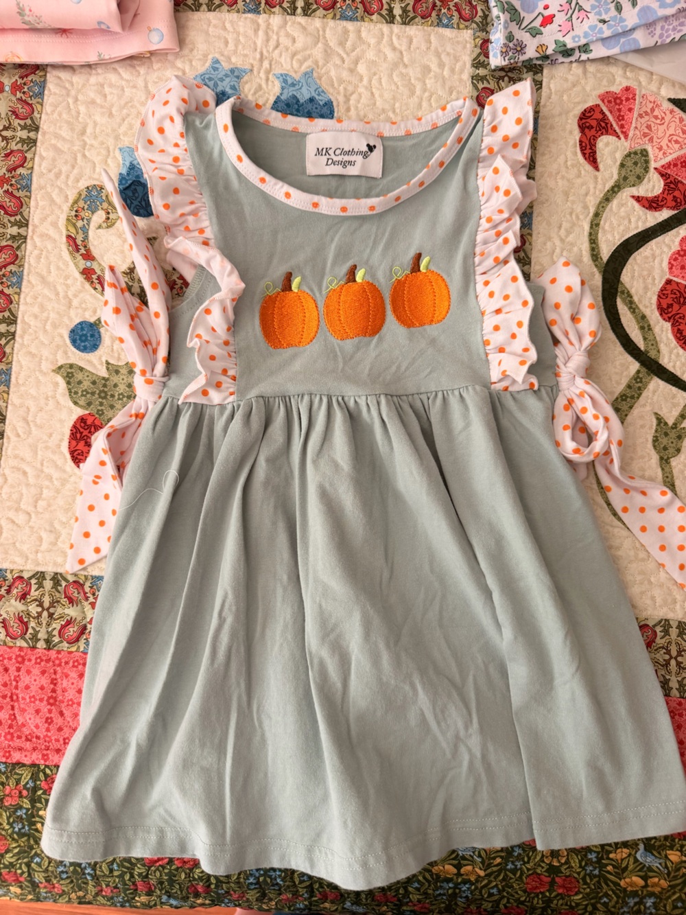 Green Dress with Orange Pumpkin embroidery